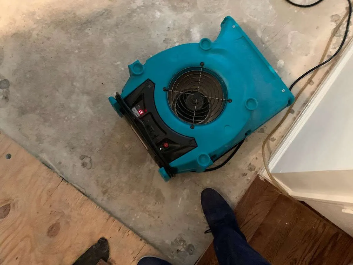 Air mover drying subfloor during Commercial Water Damage Restoration in Sandy